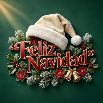 Festive christmas hat and greenery arrangement with feliz navidad text for holiday mobile wallpaper Feliz Navidad lettering winter Christmas tree Mexican text fista greetings Postcard Illustration