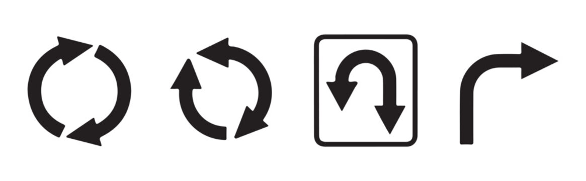 Graphic arrow collection showing reload cycles and turn around directions for navigation and web layout flow.