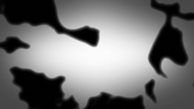 Abstract monochrome liquid ink texture morphing and expanding over glowing white background.