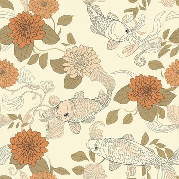 seamless background with autumn leaves and koi fish