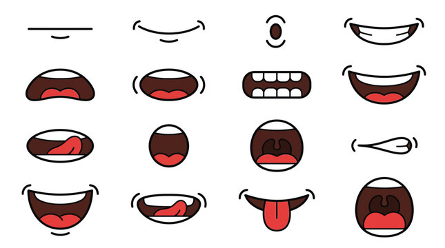 Cartoon mouth expressions set featuring various funny tongue and teeth shapes for character design animation projects