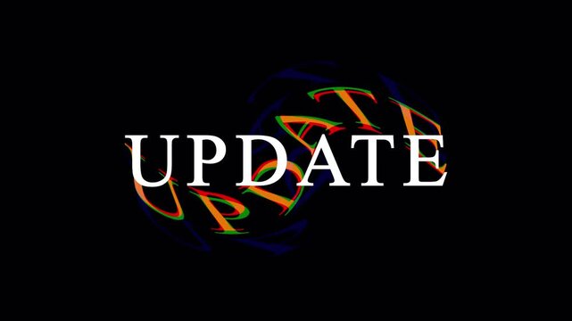 Animated graphic update text with dynamic colorful swirl motion overlay on black background footage.