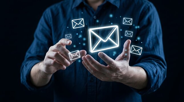 A person interacting with glowing digital network icons including an email symbol in the dark