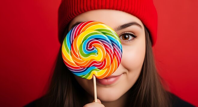 Young woman in a red beanie hat holding a vibrant rainbow swirl lollipop over one eye, smiling against a red background.