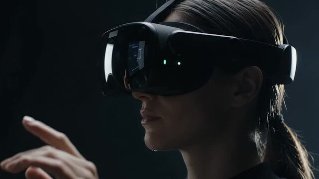 Woman Using Virtual Reality Headset Interacting With Holographic Interface