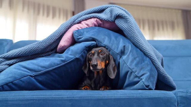 A black and tan dachshund dog peeks out from beneath a blanket and pillow on a blue sofa at home, looking alert as if disturbed by loud noise.