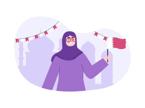 A Muslim woman wearing a hijab and holding the national flag of Qatar. Doha illustrations. Flat vector concepts.