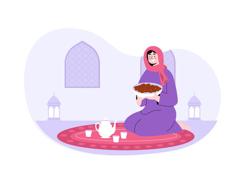 A Muslim woman wearing a hijab while serving a bowl of dates and tea, a scene typically associated with breaking the fast during Ramadan. Doha illustrations. Flat vector concepts.
