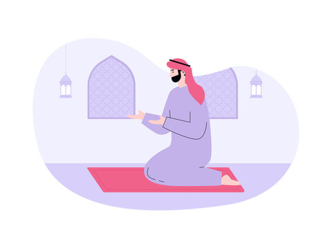 A Muslim man is kneeling on a pink prayer rug and raising both hands in prayer. Doha illustrations. Flat vector concepts.