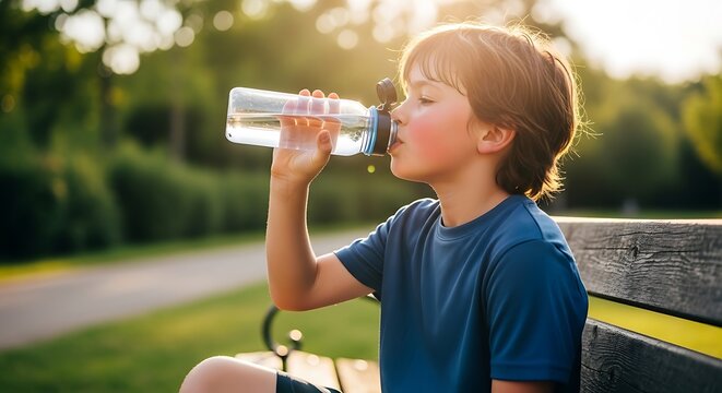 Young boy staying hydrated by drinking water from a bottle while sitting on a park bench during a sunny outdoor day.