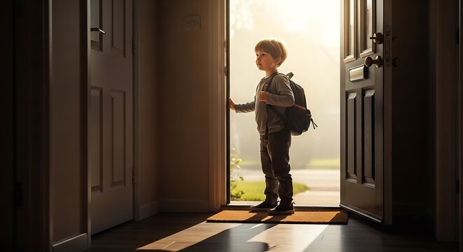 A young boy with a backpack stands at an open doorway, bathed in bright sunlight, ready to leave home.