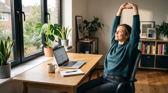 Woman stretching arms at desk during work break