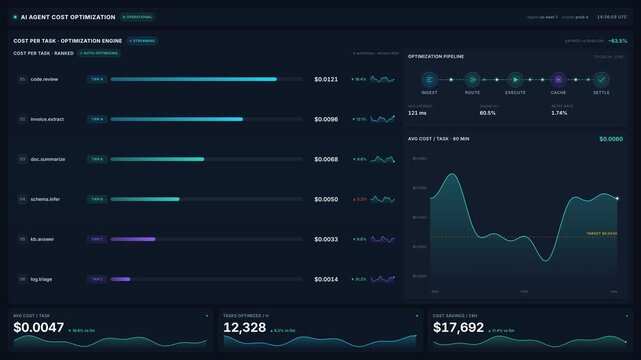 Digital dashboard with artificial intelligence agent cost optimization data, for automated financial analysis, workflow management, efficiency tracking, business performance