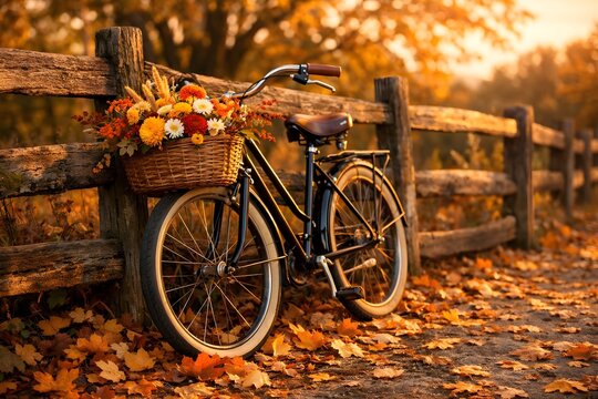 Vintage bicycle decorated with autumn flowers and leaves in countryside