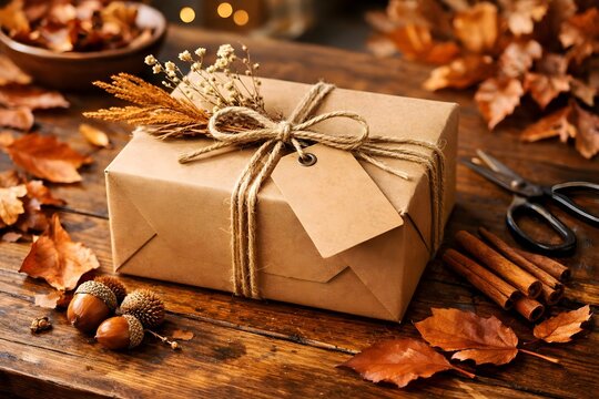 Rustic autumn gift box wrapped with twine and seasonal leaves