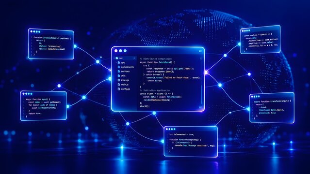 Distributed computing network with floating glowing code panels and connecting nodes over digital global globe background