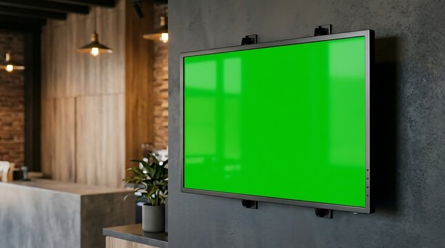 Flat screen television with a green screen display mounted on a modern concrete wall in a loft office