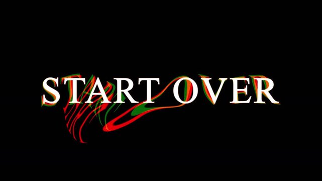 Start over text caption animation with liquid distorted colorful wavy lines on black background video.