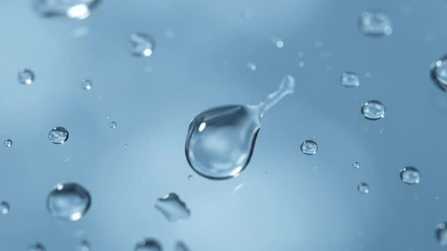 Macro close up of clear water droplets scattered across a smooth light blue surface reflecting pure natural freshness and clean liquid textures