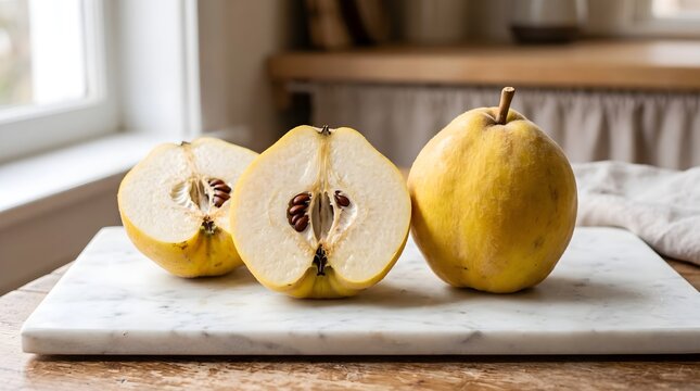 Halved Quince Fruit Showing Core Beside Whole Quince on Marble