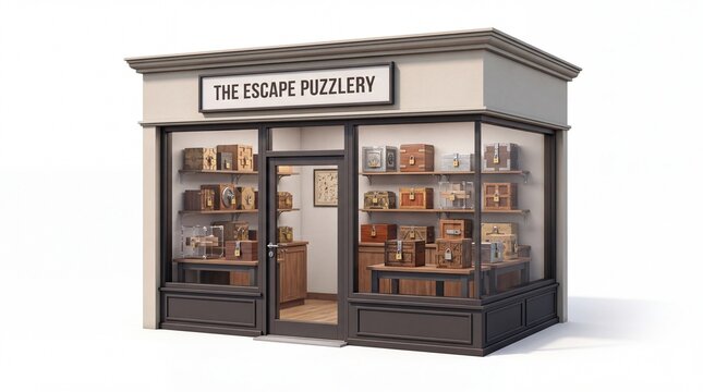 Escape room puzzle shop featuring wooden boxes and brain teasers displayed on shelves behind a dark storefront window ready for entertainment and leisure activity promotion concepts.