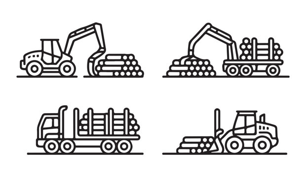 Logging industry machinery and logs collected for lumber production and fuel needs.