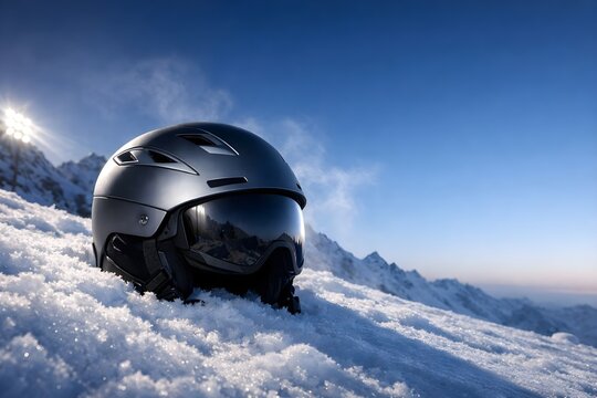 Modern ski helmet and goggles sitting in sparkling snow on a high alpine slope.