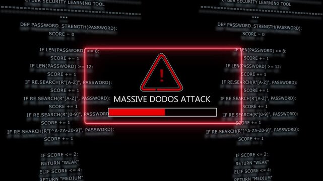 Critical cybersecurity alert displaying a massive ddos attack warning with red neon glowing warning sign and progress bar overlaying complex python programming code background, for network security