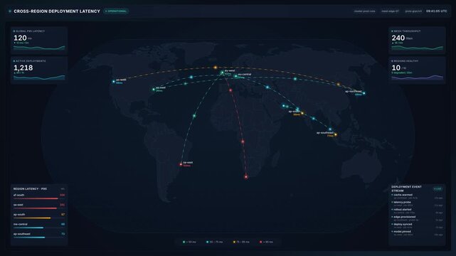 Global map for cross-region deployment latency edge routing nodes, for cloud computing performance, data center connectivity, network monitoring, international software