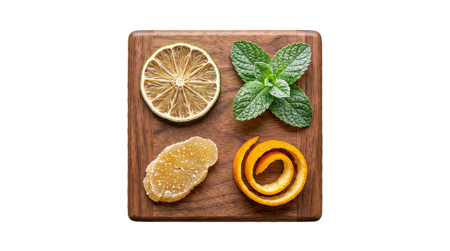 Wooden board displaying dried lime, fresh mint, candied ginger, and orange peel showcases ingredients for a cocktail.