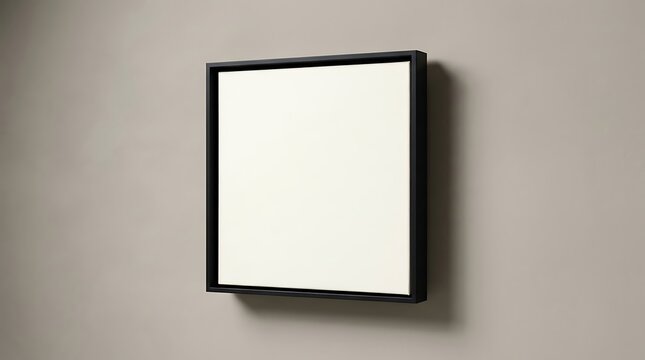 Empty square picture frame with a black border mounted on a plain neutral grey wall with copy space