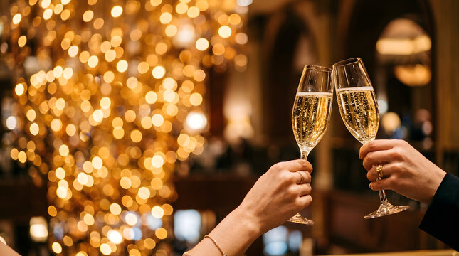 Close up of two people holding glasses of champagne and making a toast during a festive evening celebration with golden lights