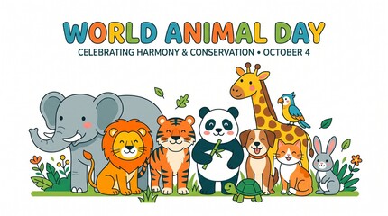 Fototapeta premium World Animal Day 2D Vector Illustration with Diverse Animals, Wildlife Conservation and Animal Protection Concept