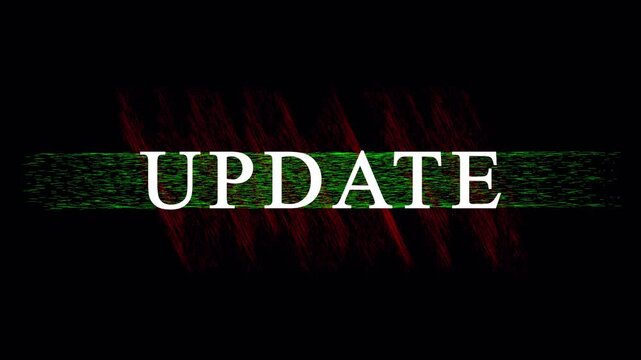 Update text overlay with glitch effect and static noise on black background for digital content.