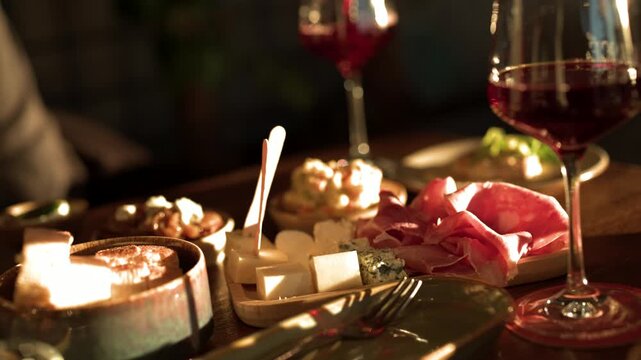 Red Wine and Gourmet Antipasto Board on Restaurant Table