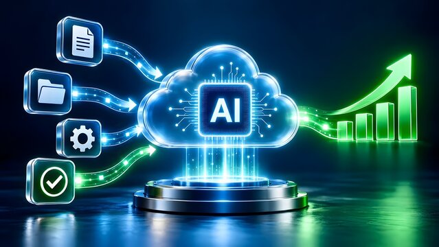 Artificial intelligence cloud computing processing digital documents and generating ascending green business growth chart