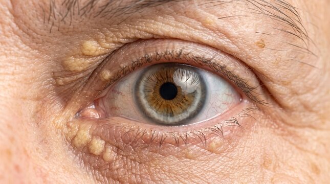 Extreme Close Up of Xanthelasma Xanthoma Deposit on Upper Eyelid