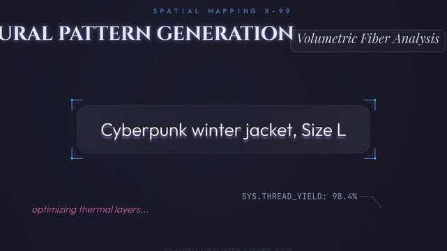 Futuristic UI animation of an autonomous garment generation system designing a cyberpunk winter jacket and engaging an auto loom to extrude polymer yarn for synthetic weave production