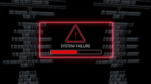 Critical system failure alert with red warning and loading progress bar overlaid on scrolling python programming code background, for cybersecurity, data, breach, and network, infrastructure concepts