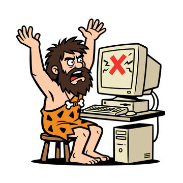 Frustrated cartoon caveman reacting to an error on a vintage computer