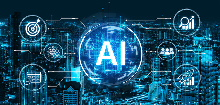 AI business strategy network with connected icons for goals and growth. Business analytics, automation, business planning, business intelligence for enterprise decision making. Corpus