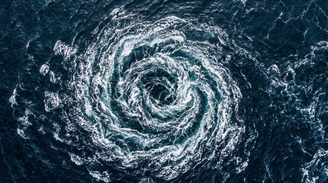 A massive swirling vortex of dark ocean water creates a powerful natural whirlpool.