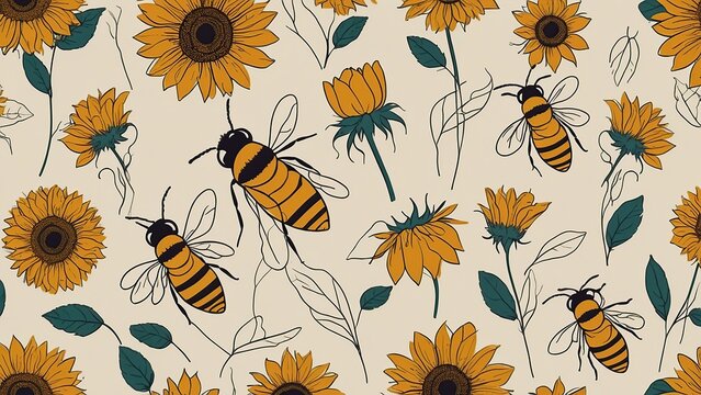 Pattern abstract bee and sunflower drawing background illustration 