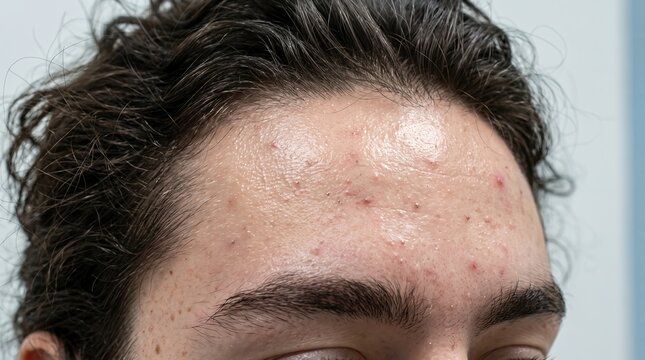 Macro shot of oily young male forehead with blackheads, enlarged pores and red acne pimples