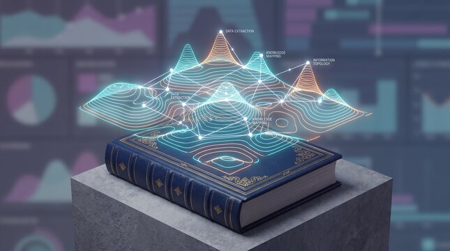 Data Visualization on Antique Book: An intricate 3D data visualization depicting a complex network of interconnected points and glowing wave forms emerges from the pages of an old, leather-bound book.