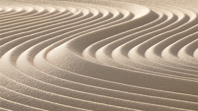 AI生成した、幾重にも重なるリズミカルな波状の砂紋と上質な陰影の枯山水バックグラウンド