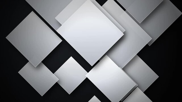 Modern abstract background with a dynamic arrangement of overlapping square and diamond shapes in various shades of grey and white, creating a sleek geometric pattern on a deep black backdrop