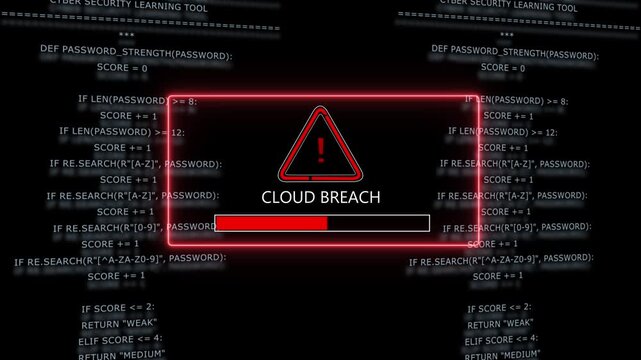 Urgent cloud breach alert warning notification with red progress loading bar and scrolling python programming code background, for cybersecurity threat, analysis, data protection, and network