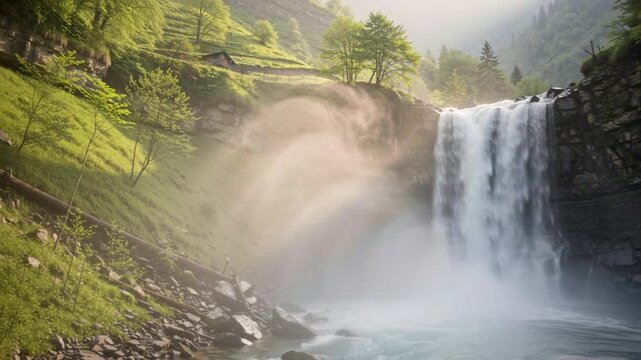 Scenic view of aharbal waterfall kashmir with morning mist