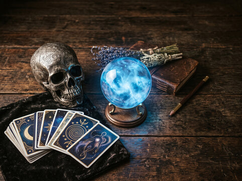 A mystical scene with a glowing crystal ball, skull, tarot cards, and ancient artifacts on a dark wooden table.